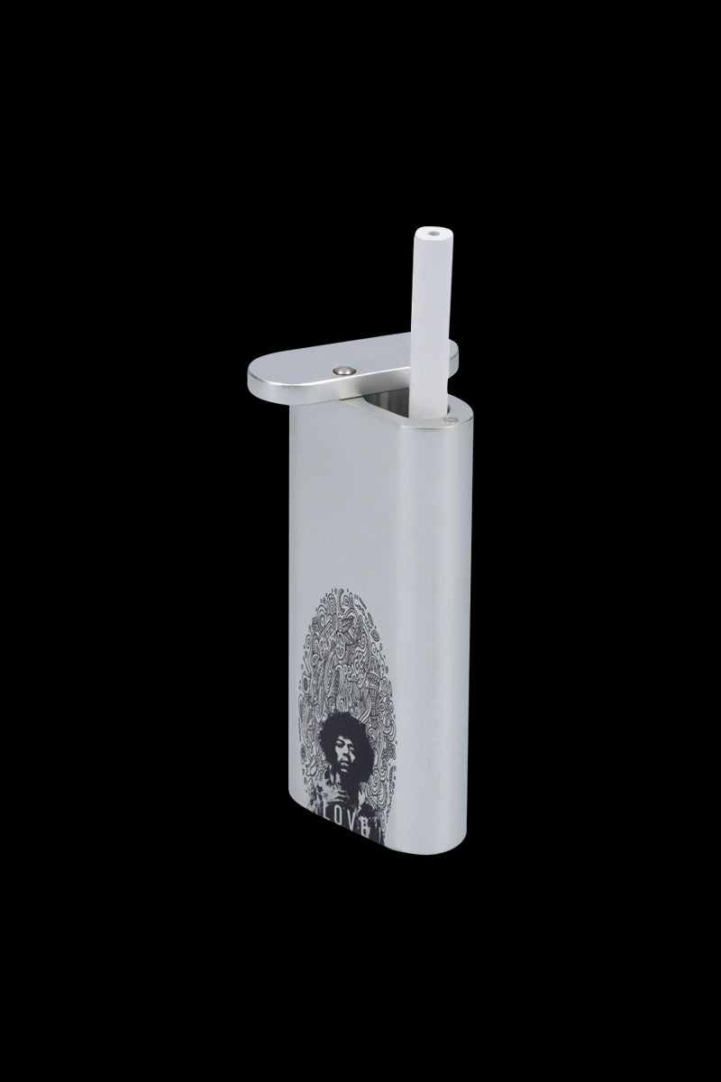 Angled view of the Rock Legends "Jimi Love" Aluminum Dugout with its flip lid open, showing a white cylindrical bat and black portrait decal.
