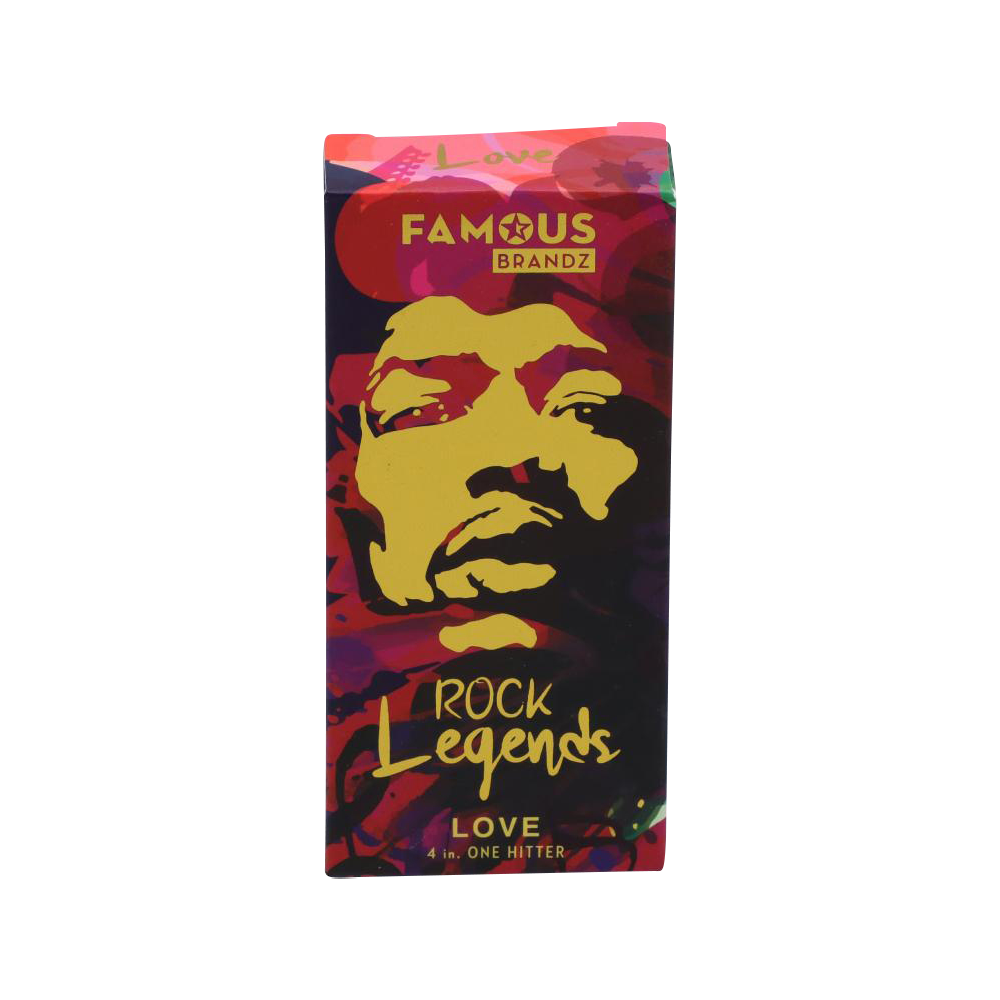Front-facing close-up of the Rock Legends "Jimi Love" Aluminum Dugout packaging showing a stylized yellow face on red swirls.