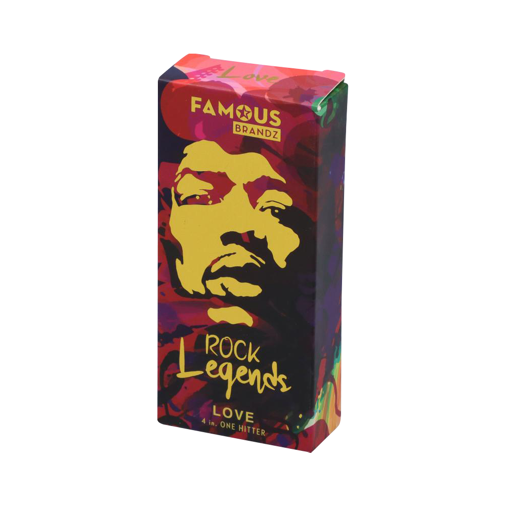 Angled front view of the Rock Legends "Jimi Love" Aluminum Dugout box with a bold yellow portrait and colorful abstract background
