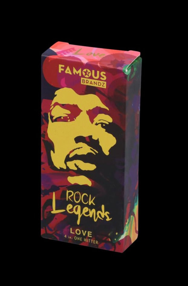 Angled front view of the Rock Legends "Jimi Love" Aluminum Dugout box with a colorful pop-art face on black background