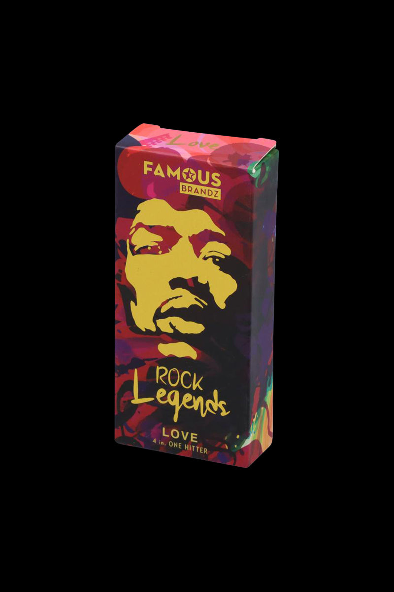 Angled front view of the Rock Legends "Jimi Love" Aluminum Dugout box with a colorful pop‑art portrait on a black background.