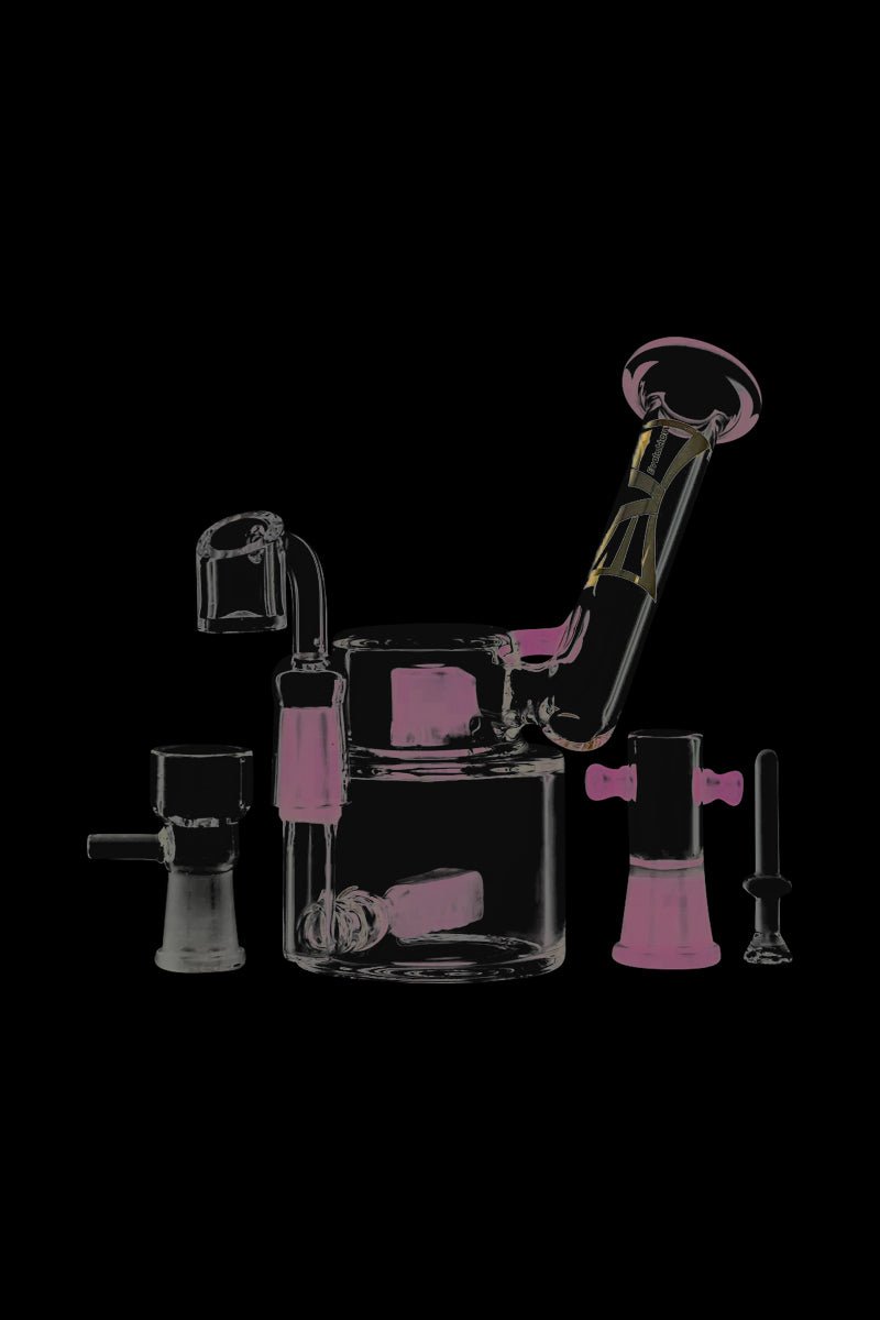 A side view of the Evolution Morning Glory Sidecar Dab Rig, highlighting its clear glass construction and unique curved design.