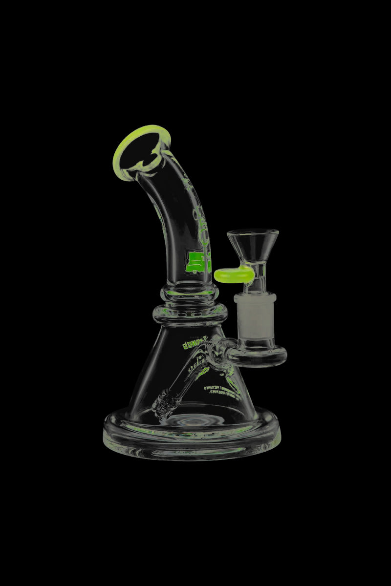 Front view of the Cheech & Chong Strawberry Mini Beaker Bong, showcasing its compact size and clear glass construction.