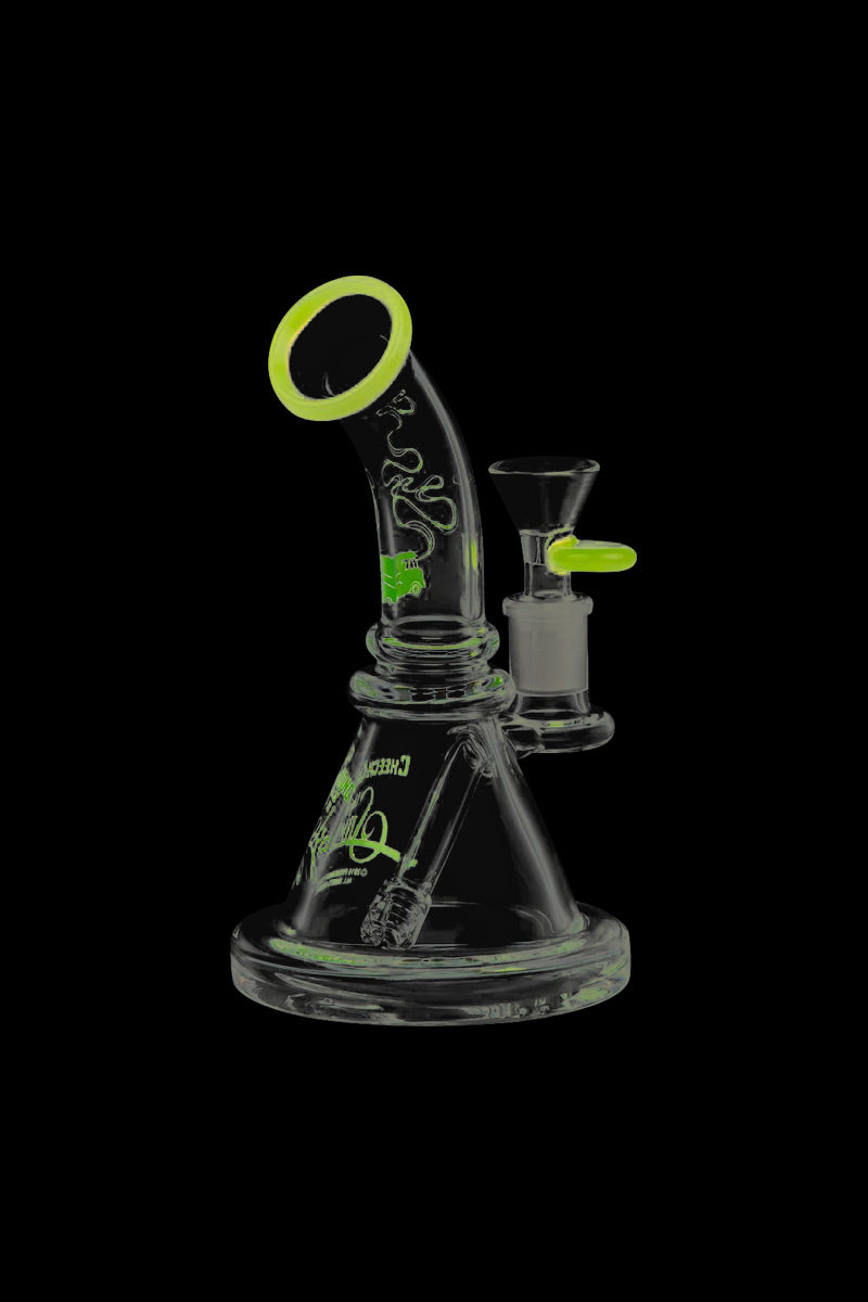 Front view of the Cheech & Chong Strawberry Mini Beaker Bong, showcasing the pink-tinted glass and classic beaker shape.