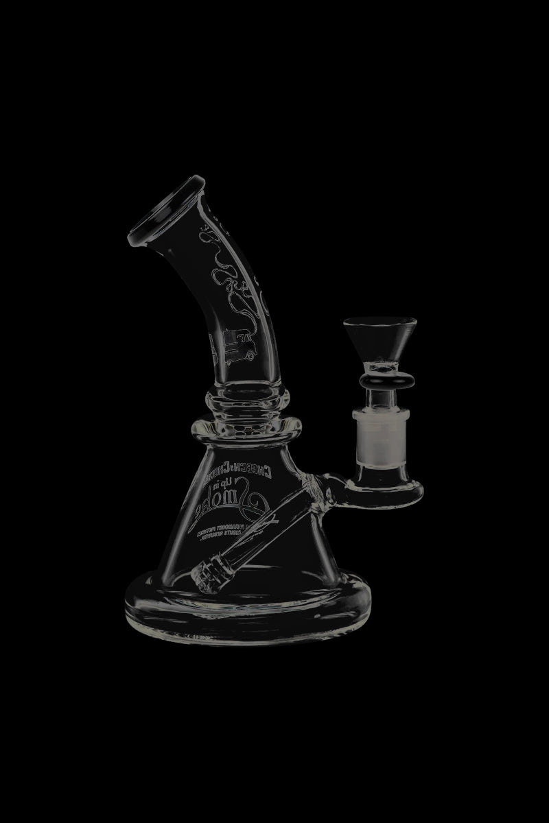 A studio shot of the Cheech & Chong Strawberry Mini Beaker Bong, showcasing its rounded base and clear glass construction.