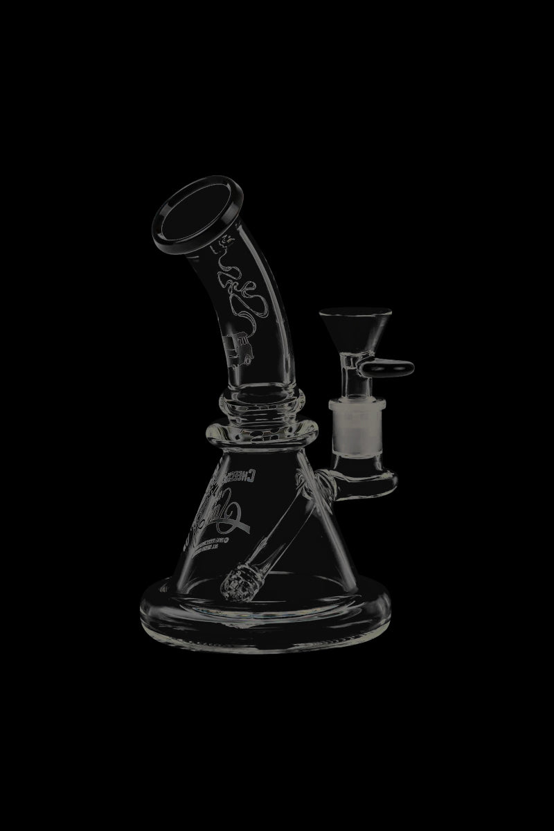 Front view of the Cheech & Chong Strawberry Mini Beaker Bong, showcasing its clear glass construction and compact size.