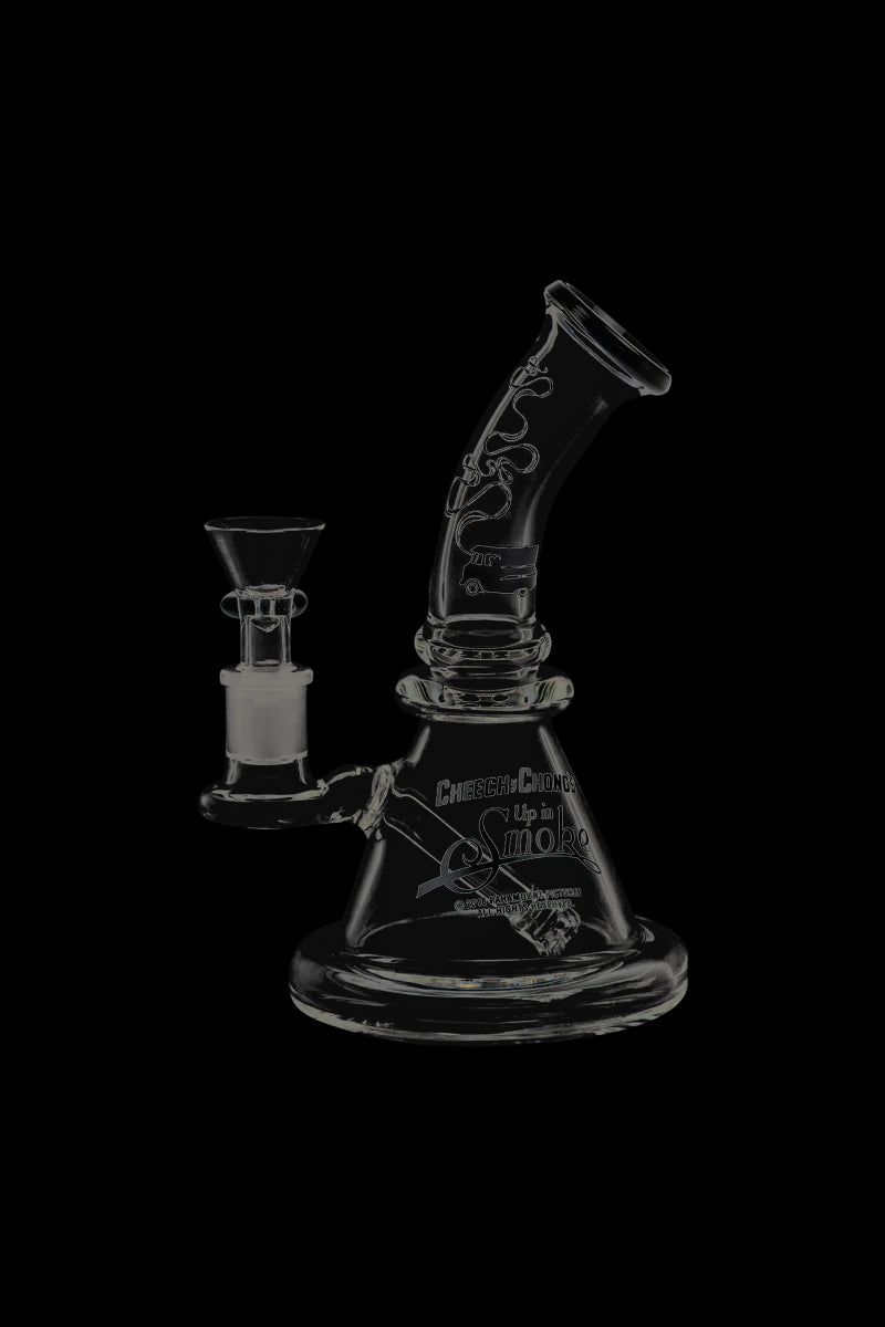 A studio shot of the Cheech & Chong Strawberry Mini Beaker Bong, angled to showcase its simple, transparent design.