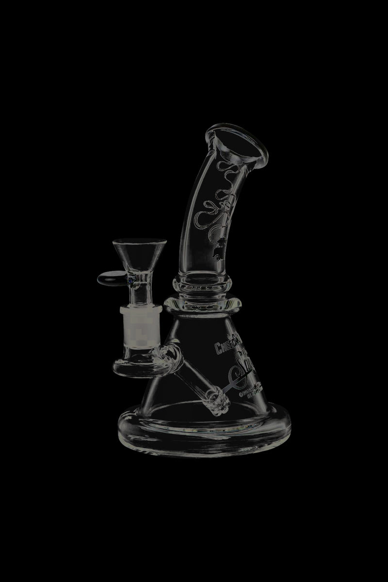 Front view of the Cheech & Chong Strawberry Mini Beaker Bong, showcasing its clear glass construction and compact size.