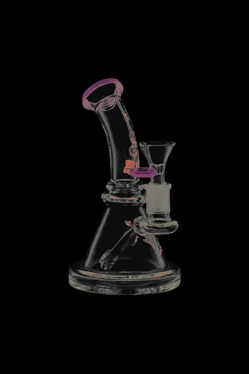 Front view of the Cheech & Chong Strawberry Mini Beaker Bong, showcasing its clear glass construction and compact size.