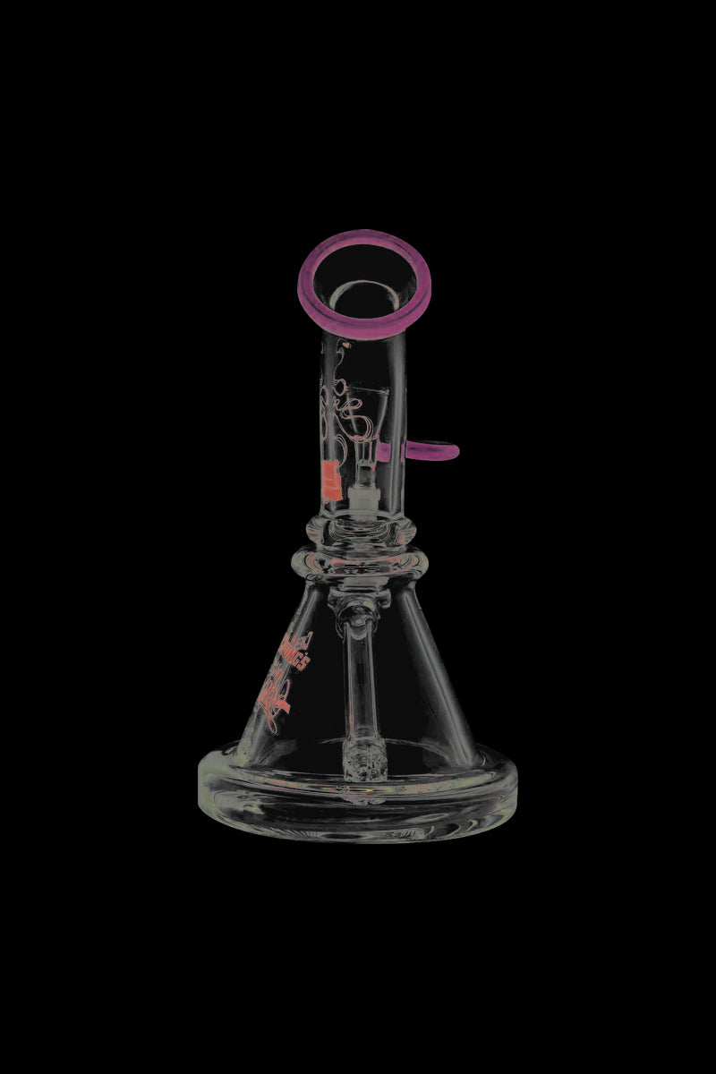 A front view of the Cheech & Chong Strawberry Mini Beaker Bong, featuring a clear glass build and a subtly rounded form.