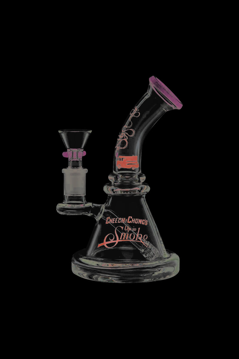 A studio shot of the Cheech & Chong Strawberry Mini Beaker Bong, displaying its clear glass construction and simple beaker shape.
