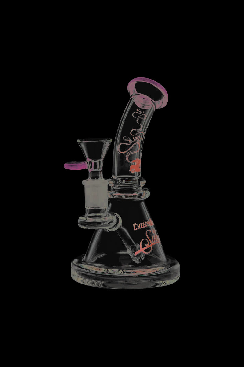 A studio shot of the Cheech & Chong Strawberry Mini Beaker Bong, showcasing its clear glass construction and classic beaker shape.