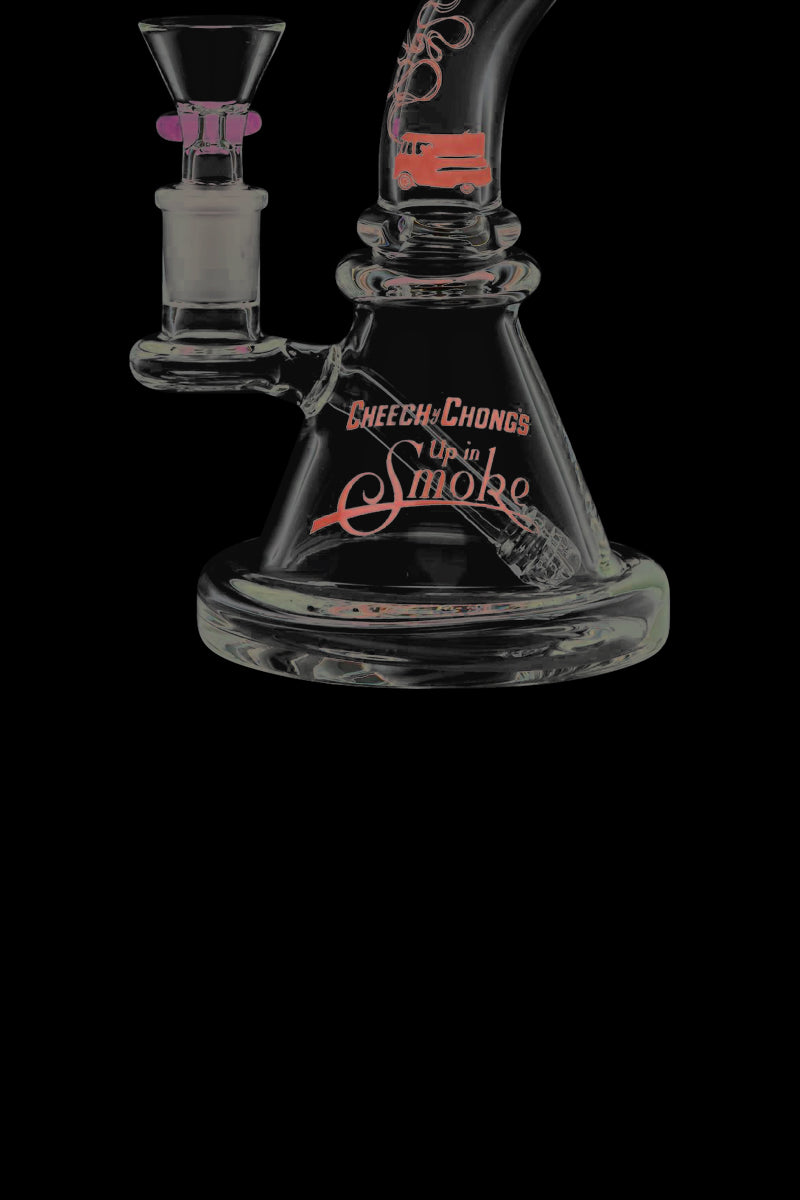 Front view of the Cheech & Chong Strawberry Mini Beaker Bong, showcasing its clear glass construction and rounded base.