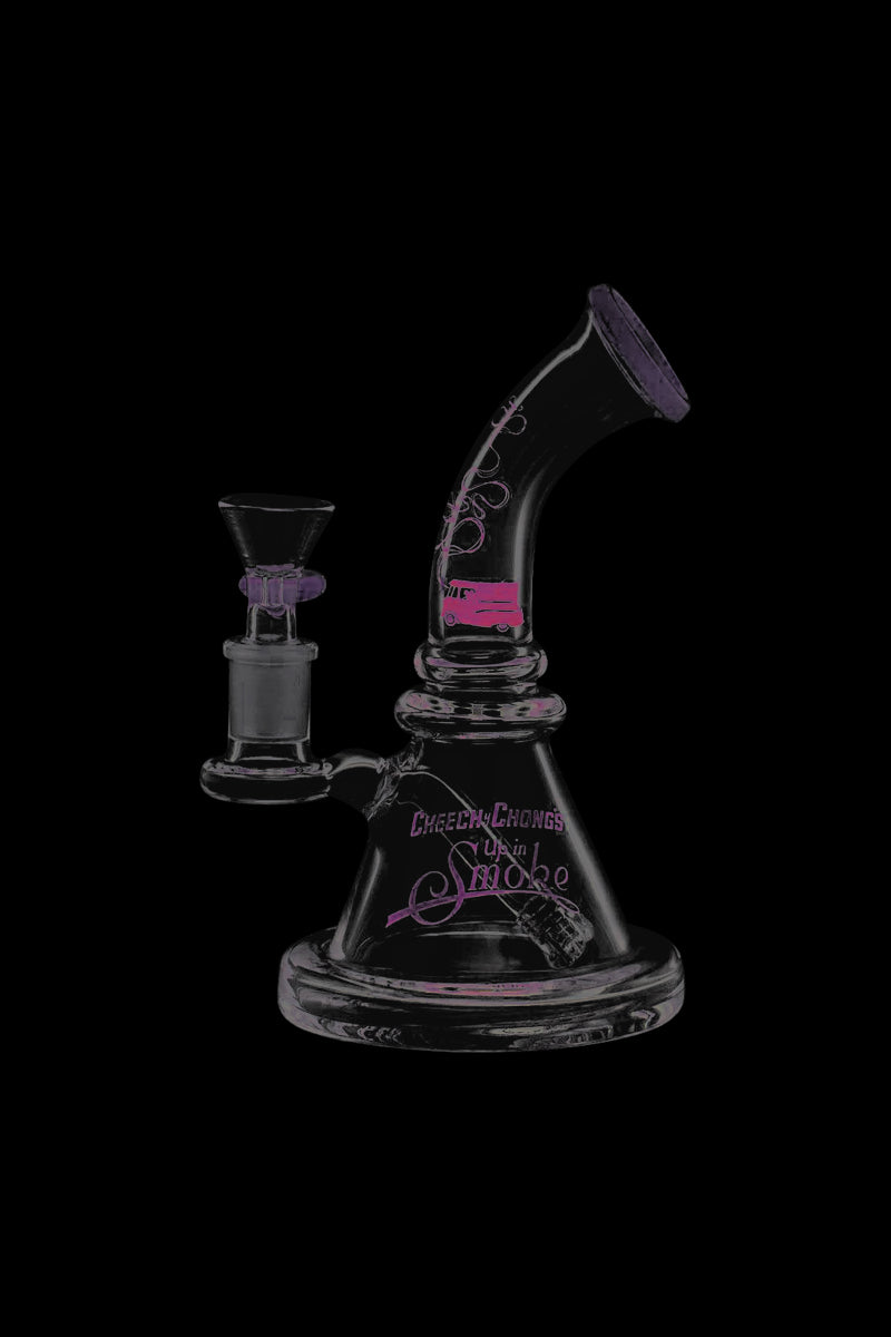 Front view of the Cheech & Chong Strawberry Mini Beaker Bong, showcasing its compact size and clear glass construction.