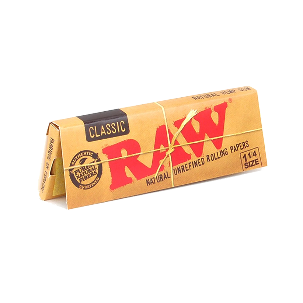 Close-up of a pack of RAW Classic 1 1/4" Rolling Papers, displaying the brand logo on a neutral background.