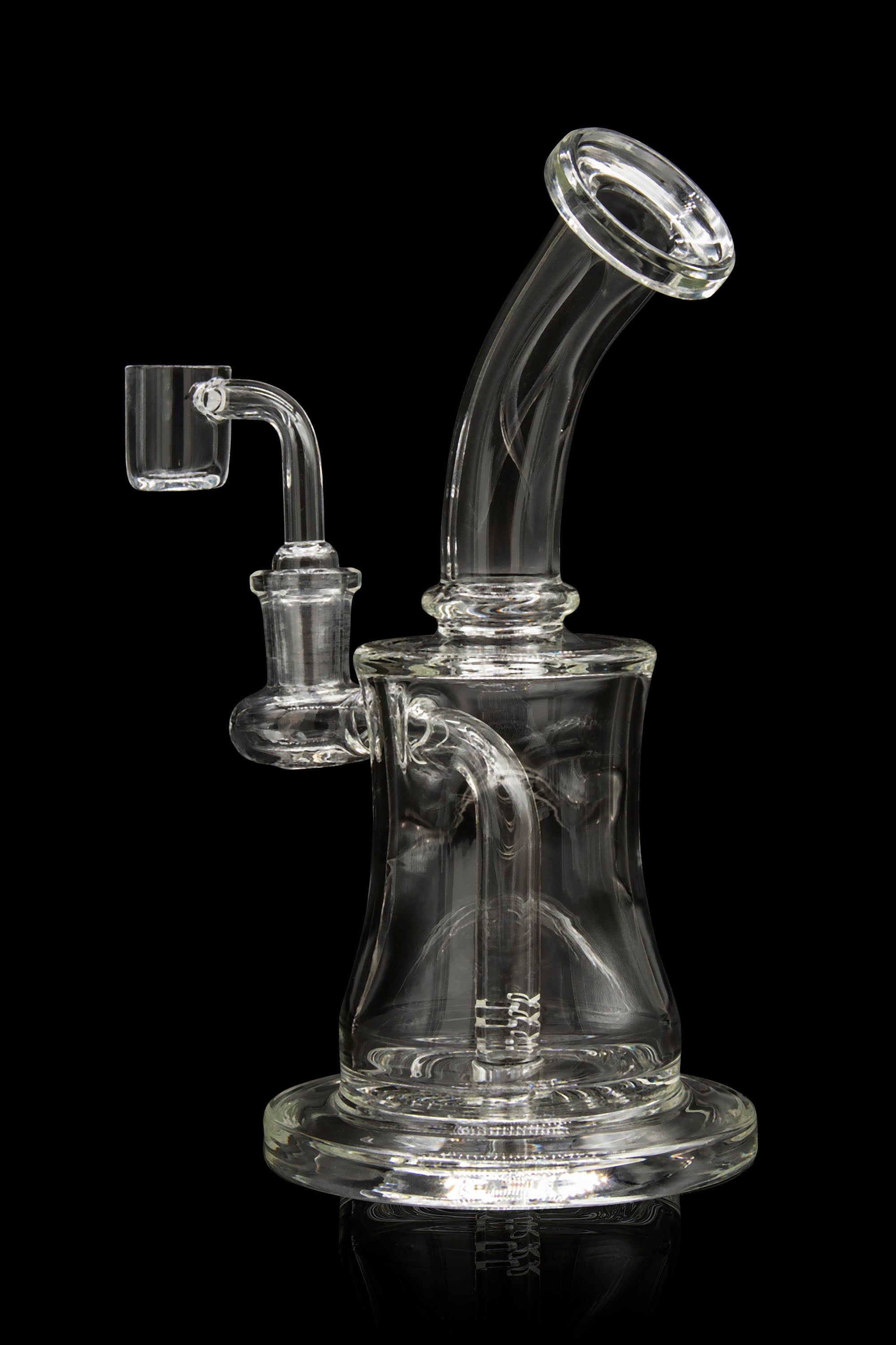 Clear glass dab rig with intricate percolator and quartz nail, isolated on black.