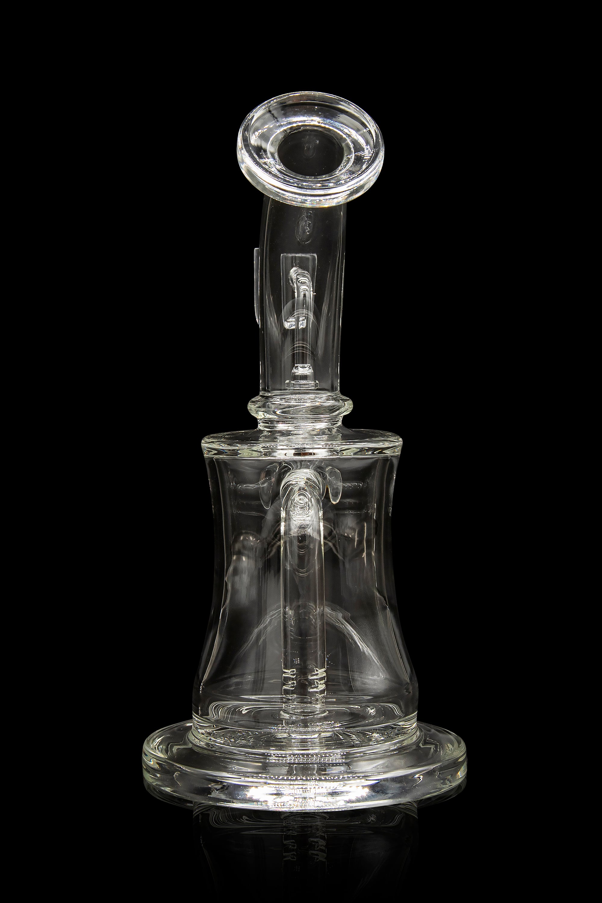 Clear glass dab rig with intricate design, isolated on black.