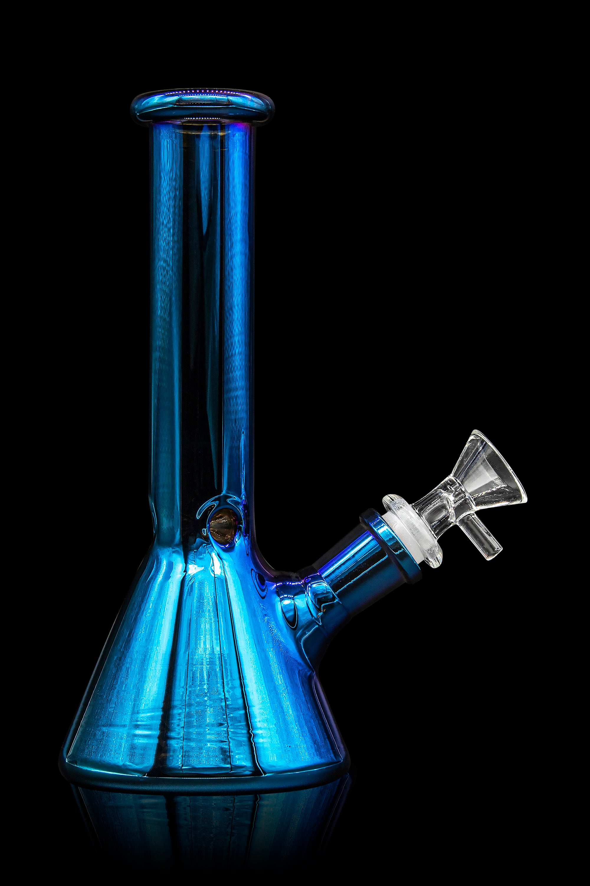 Blue glass water pipe, also known as a bong, with a clear glass bowl against a black background.