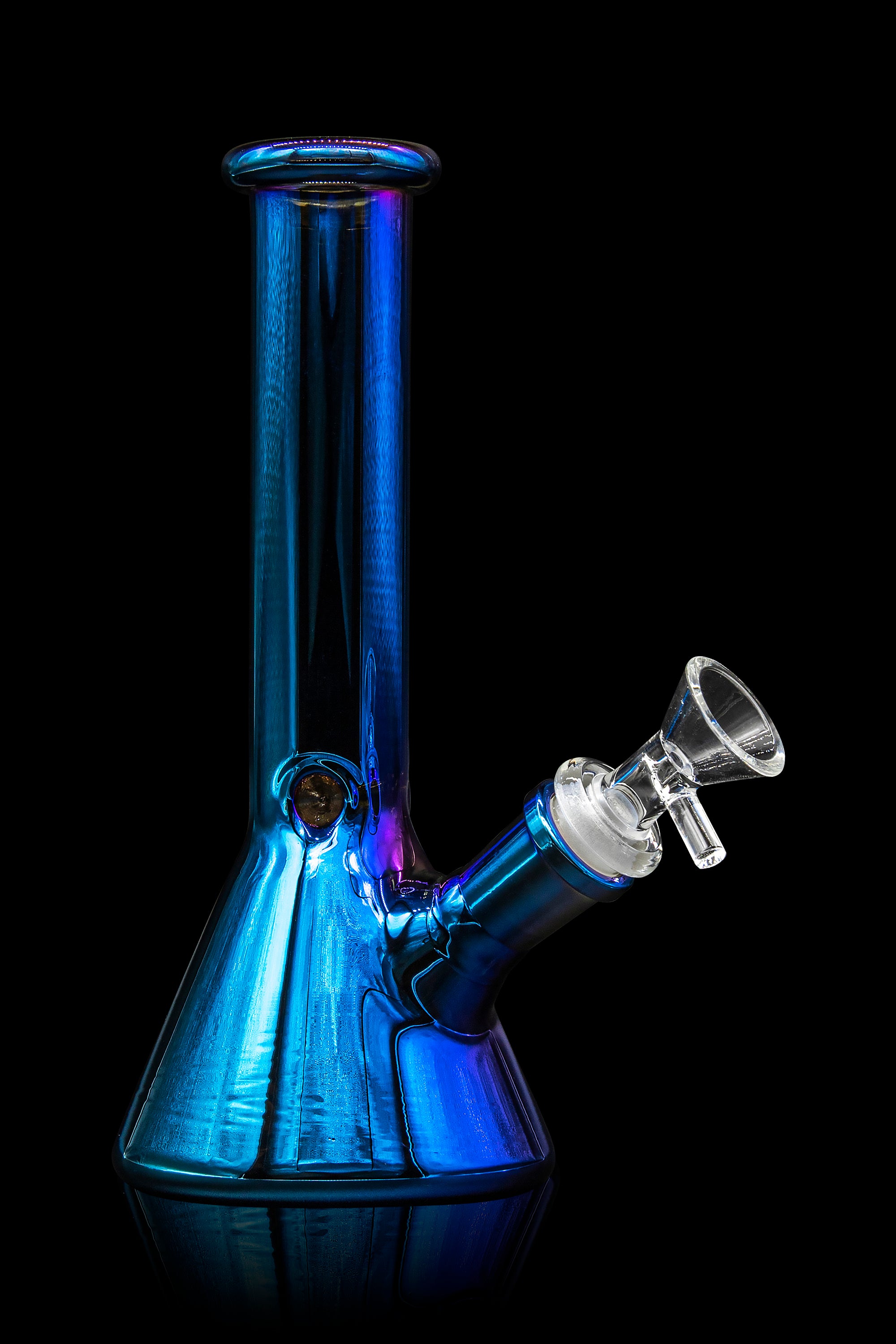 Blue glass water pipe (bong) with a glass bowl, isolated on a black background.