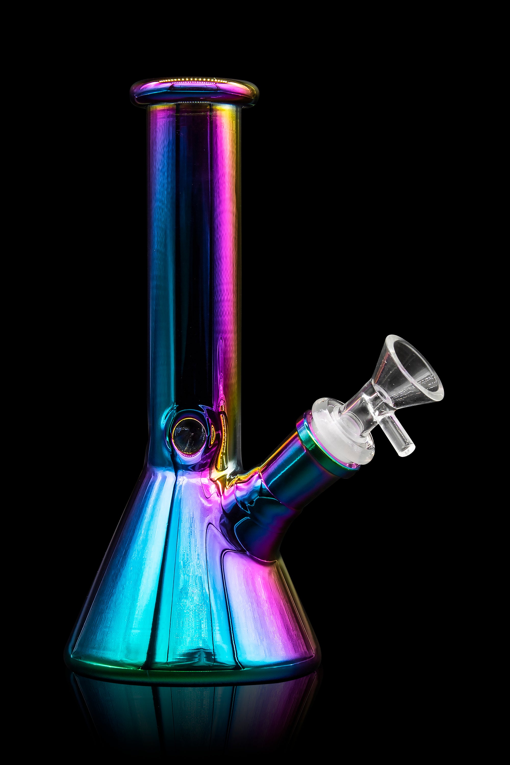 Iridescent glass water pipe with a clear glass bowl, isolated on a black background.
