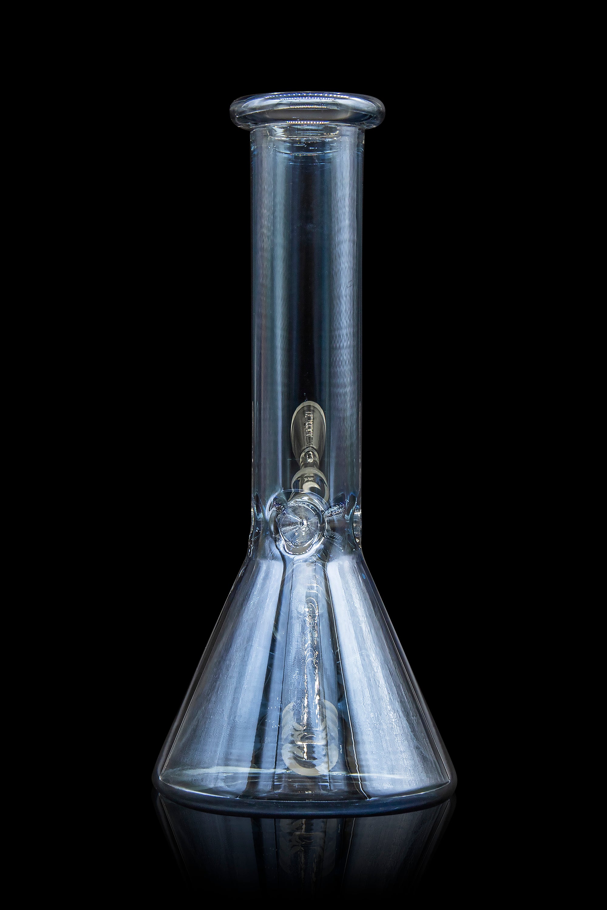 Blue glass beaker bong against a black background.