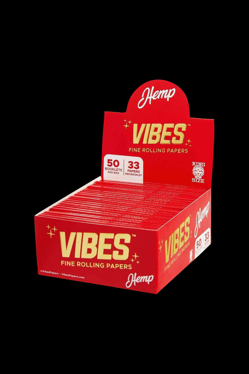 A front view of VIBES King Size Slim Rolling Papers packaging, featuring red and white branding with a simple layout.