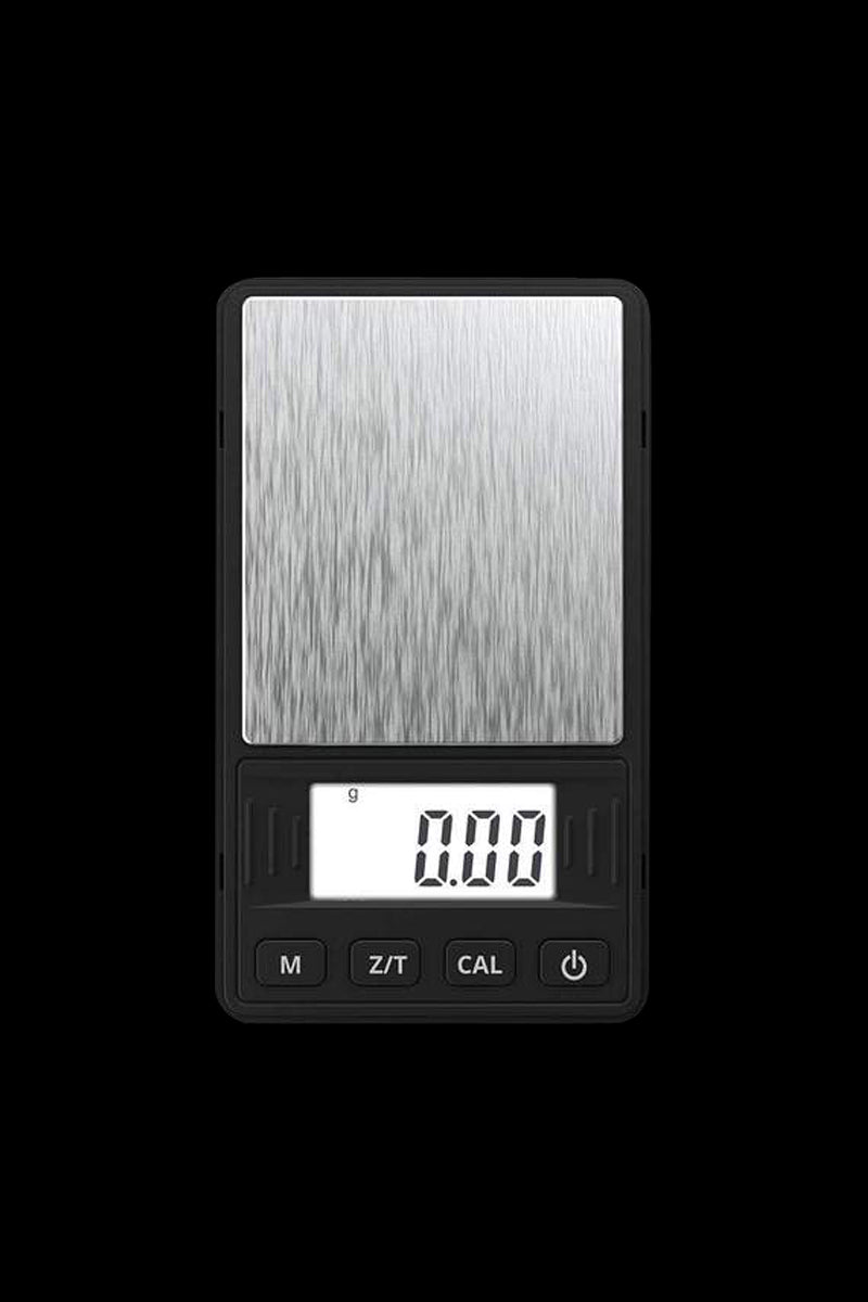 Front view of the Truweigh Riot Scale, displaying a digital readout on its black, compact surface.
