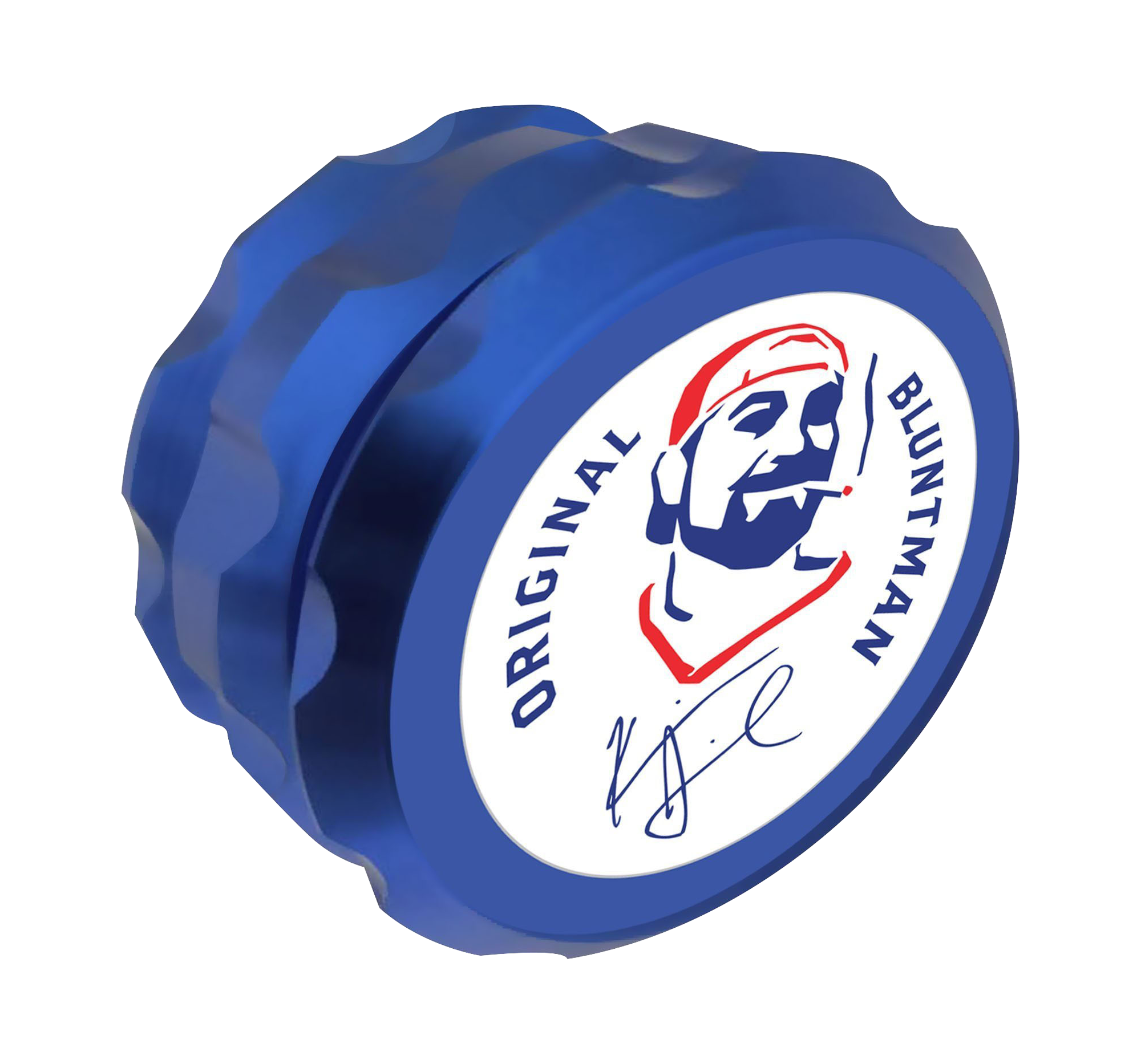 Front view of the Jay and Silent Bob Bluntman Grinder, a metallic blue cylindrical grinder with a smooth, polished finish.