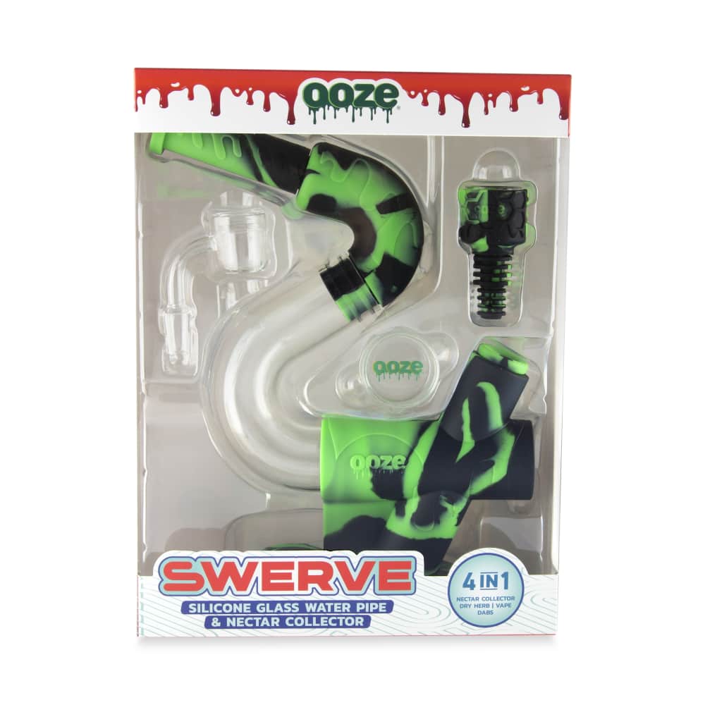 A packaged “Ooze Swerve” silicone glass water pipe and nectar collector in vibrant green and clear, displayed against a red and white box.