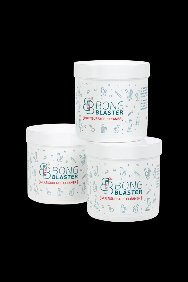 A centered, white can of Bong Blaster Bong Cleaner Powder is shown against a plain, light gray background.