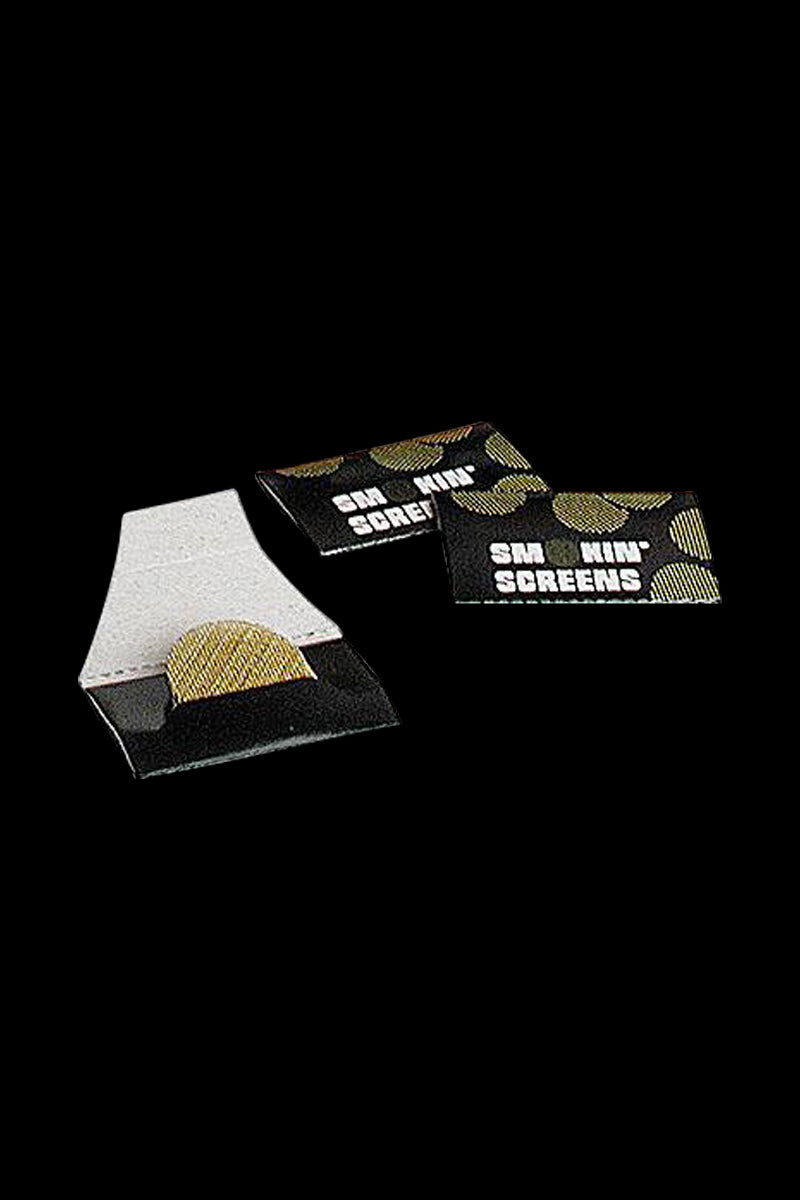 Close-up of three Brass Pipe Screens 20mm - 20 Pack pouches on a black background, two showing printed green dots and white text and one opened to reveal a gold mesh screen.