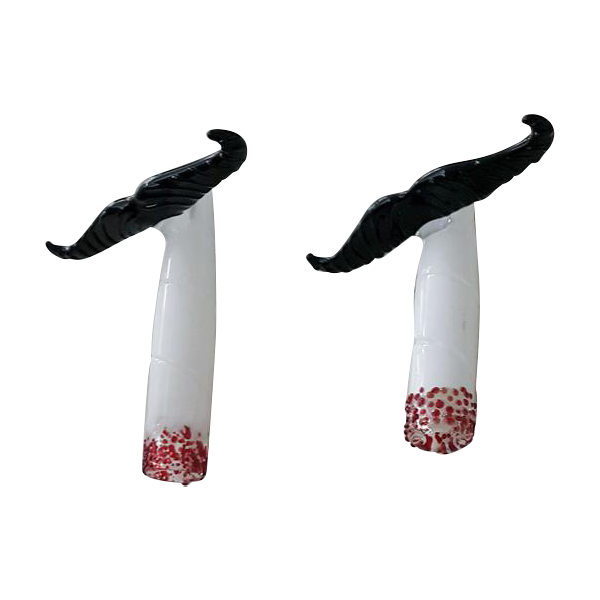 A front view of the Mustache Cig One Hitter, a clear glass pipe with a unique mustache-shaped mouthpiece.