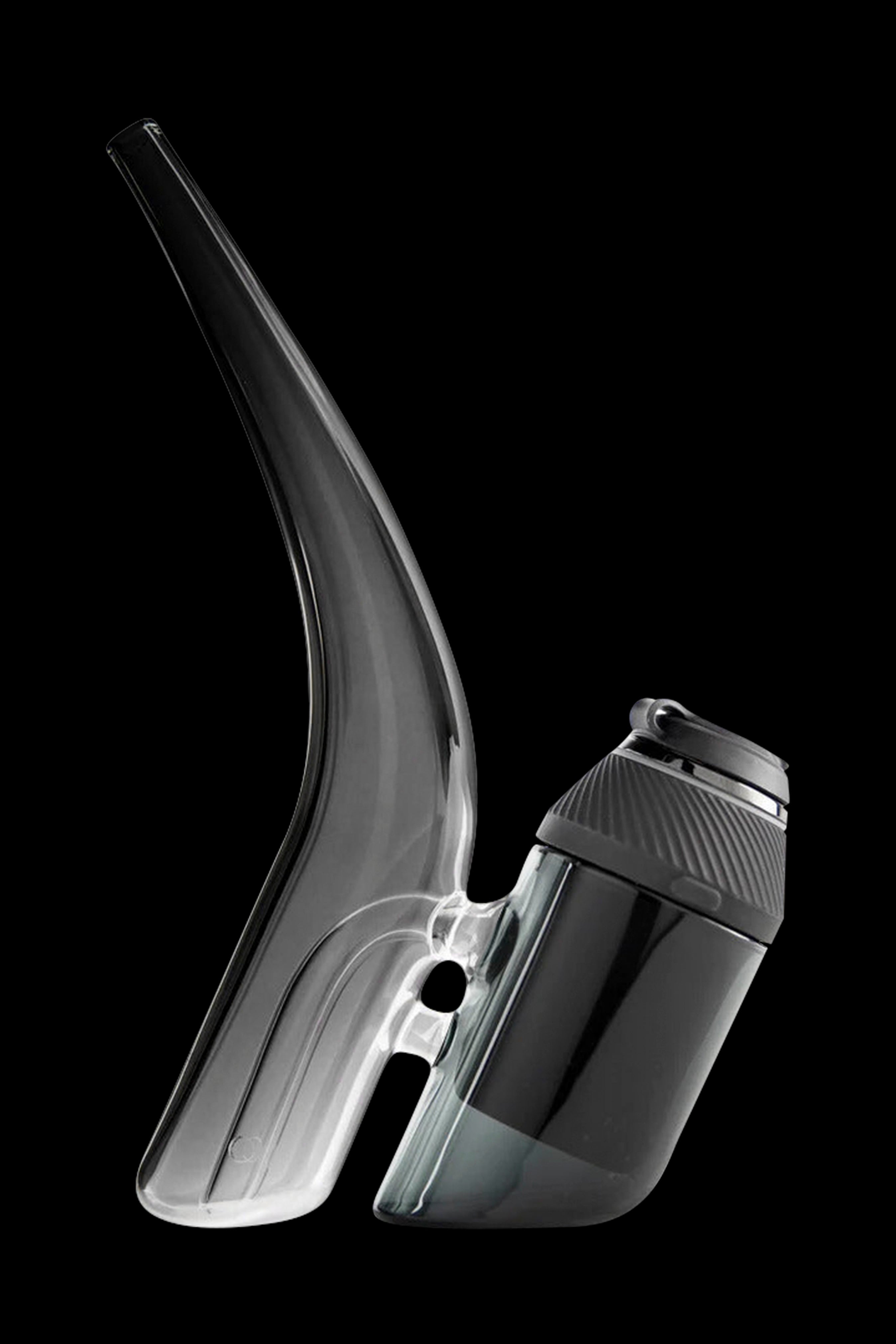 Sleek, modern cannabis water pipe with a curved glass neck and black base.