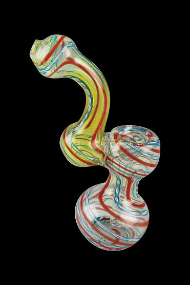 A side view of the Swirl Stripped Mini Bubbler Glass Pipe, showcasing its colorful, swirling glass design.