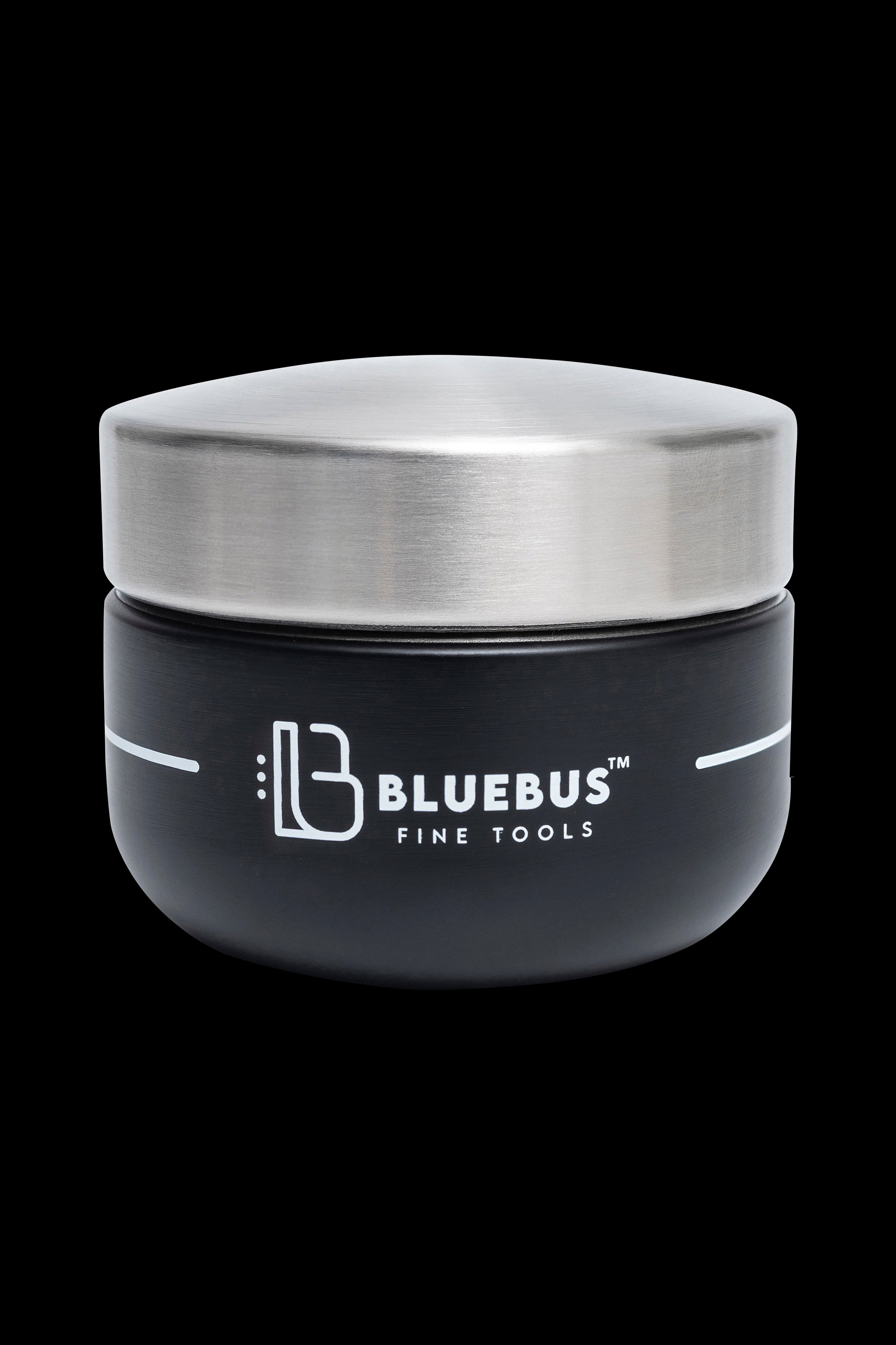 Black and silver jar with "Bluebus Fine Tools" logo, likely for cannabis concentrates.