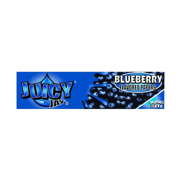 A close-up of the packaging for Juicy Jay's King Size Blueberry Rolling Papers, featuring a vibrant blue background.
