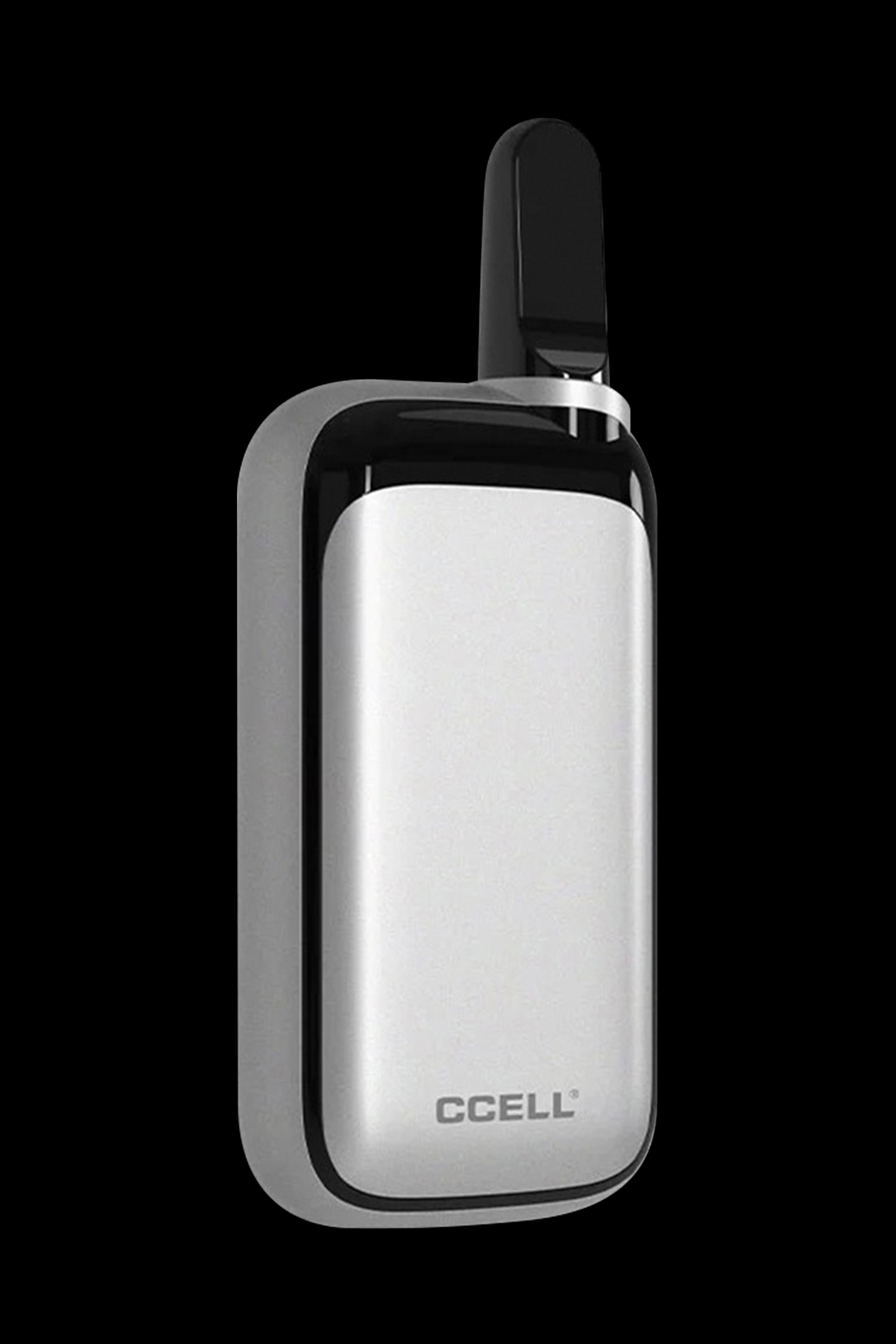 Silver CCELL palm vaporizer with a black cartridge attached.