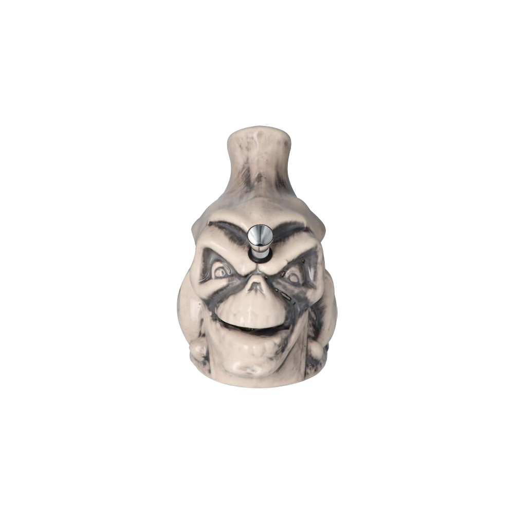Front-facing view of the Smiling Skull Ceramic Pipe showing a white and gray marbled skull face with a metal bowl in the forehead.