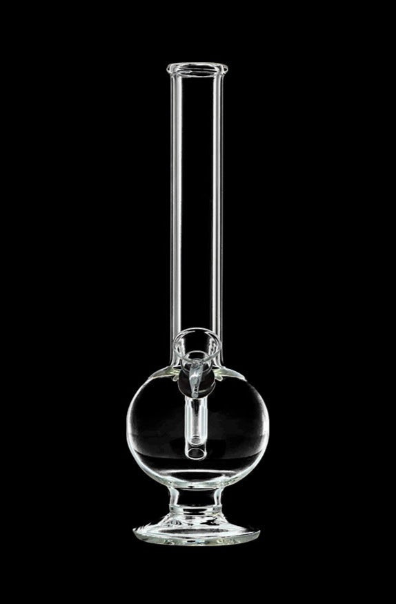 Straight-on view of the clear DankStop Glass Bubble Bong with Rubber Grommet against a black background, showing its spherical chamber and tall straight neck.