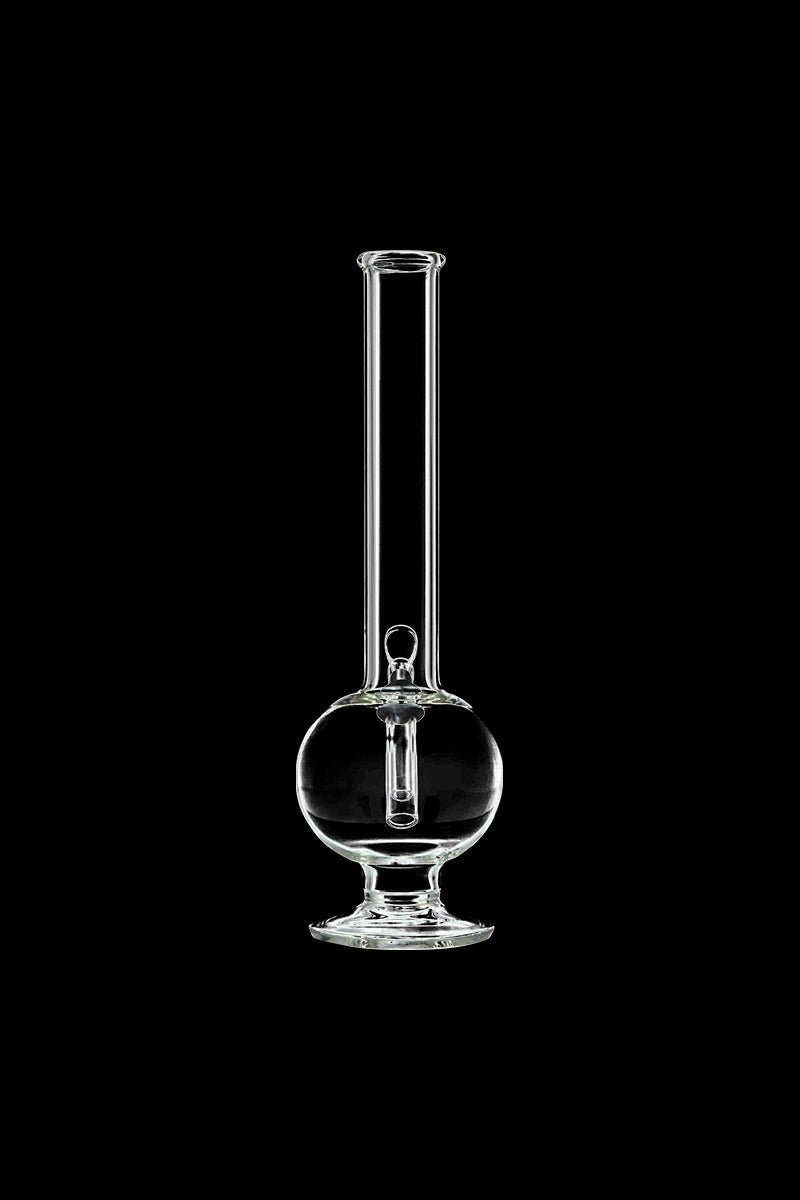Centered front view of the clear DankStop Glass Bubble Bong with Rubber Grommet against a black background, showing its spherical base and straight neck.