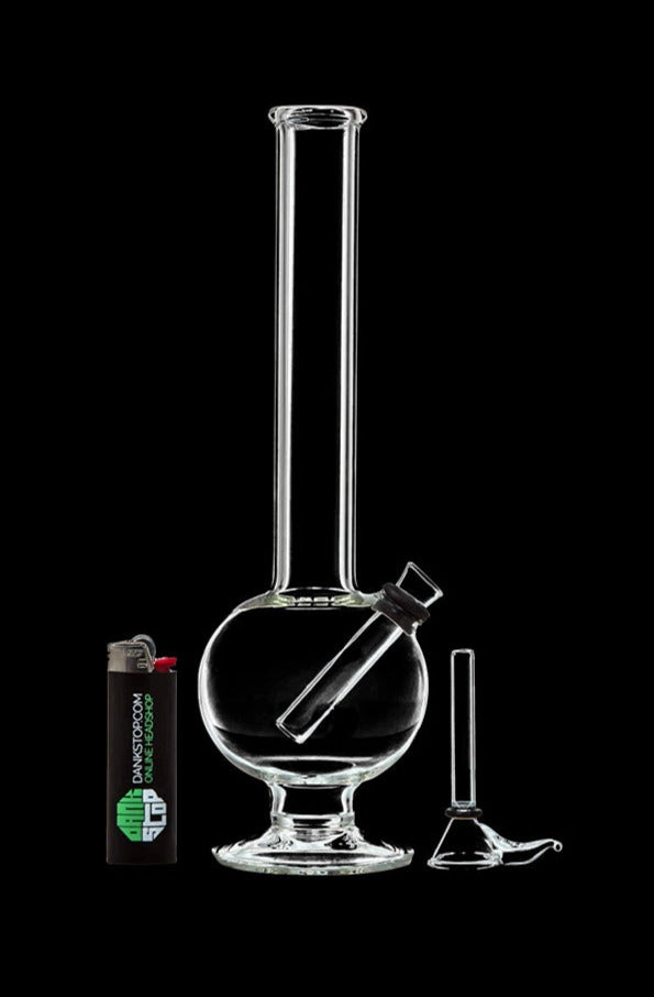 Center-frontal view of the DankStop Glass Bubble Bong with Rubber Grommet on a black background showing its round bubble base, tall straight neck, angled downstem with rubber grommet, separate slide, and lighter for scale