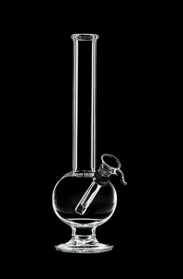 Center-frontal view of the DankStop Glass Bubble Bong with Rubber Grommet standing on a reflective black background, showing its round bubble chamber, straight neck, angled downstem, and visible rubber grommet.