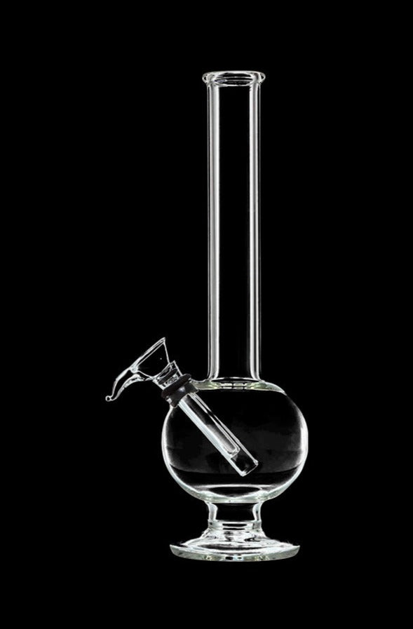 Centered front view of the DankStop Glass Bubble Bong with Rubber Grommet against a black background, showing its clear spherical base and tall straight neck.