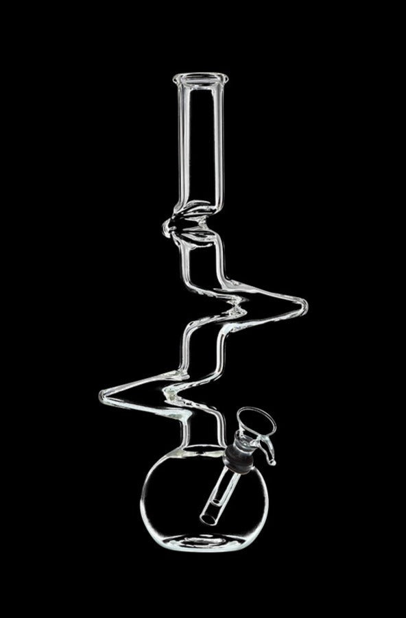 Front view of the DankStop Zig-Zag Beaker Bong, a clear glass piece with a unique, angled design.