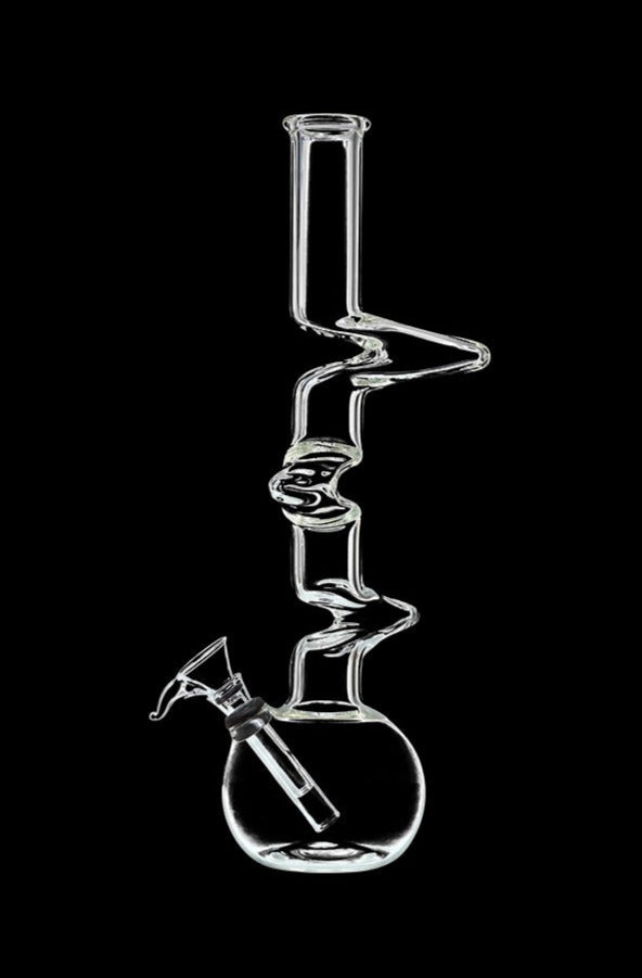 Front view of the DankStop Zig-Zag Beaker Bong, showcasing its clear glass construction and uniquely angled design.