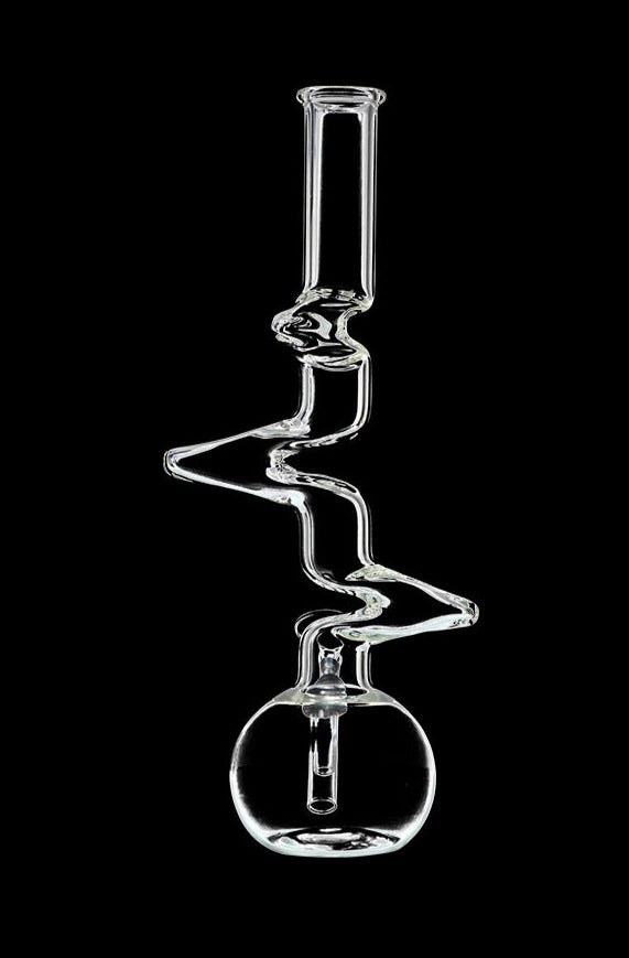 Front view of the DankStop Zig-Zag Beaker Bong, a clear glass water pipe with a unique, wavy design.