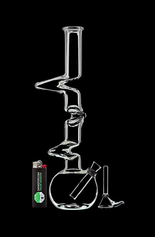 A straight-on view of the DankStop Zig-Zag Beaker Bong, showing its clear glass construction and classic beaker shape.