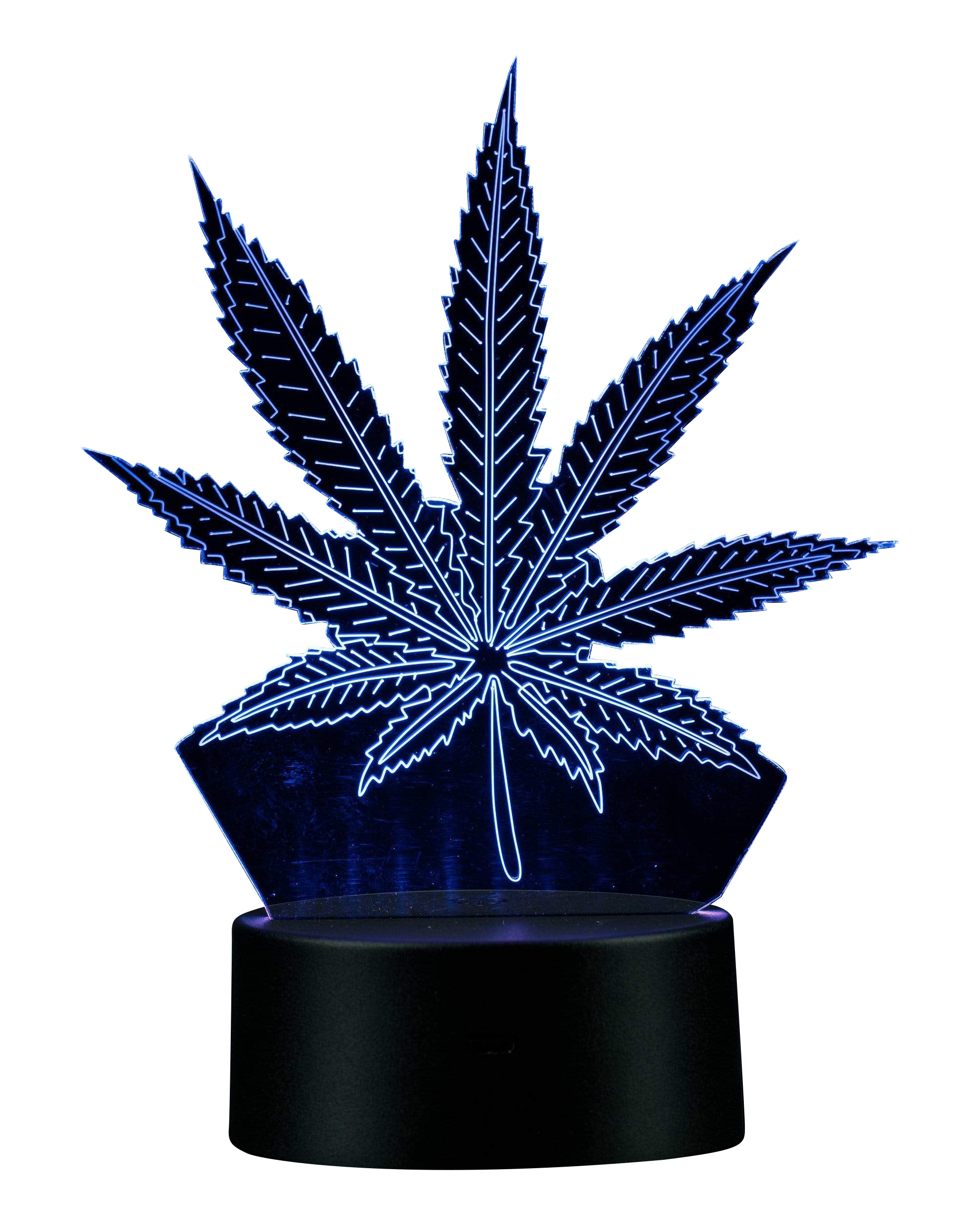 Front view of the 3D Cannabis Leaf Lamp, a black, stylized leaf shape illuminated against a plain white background.