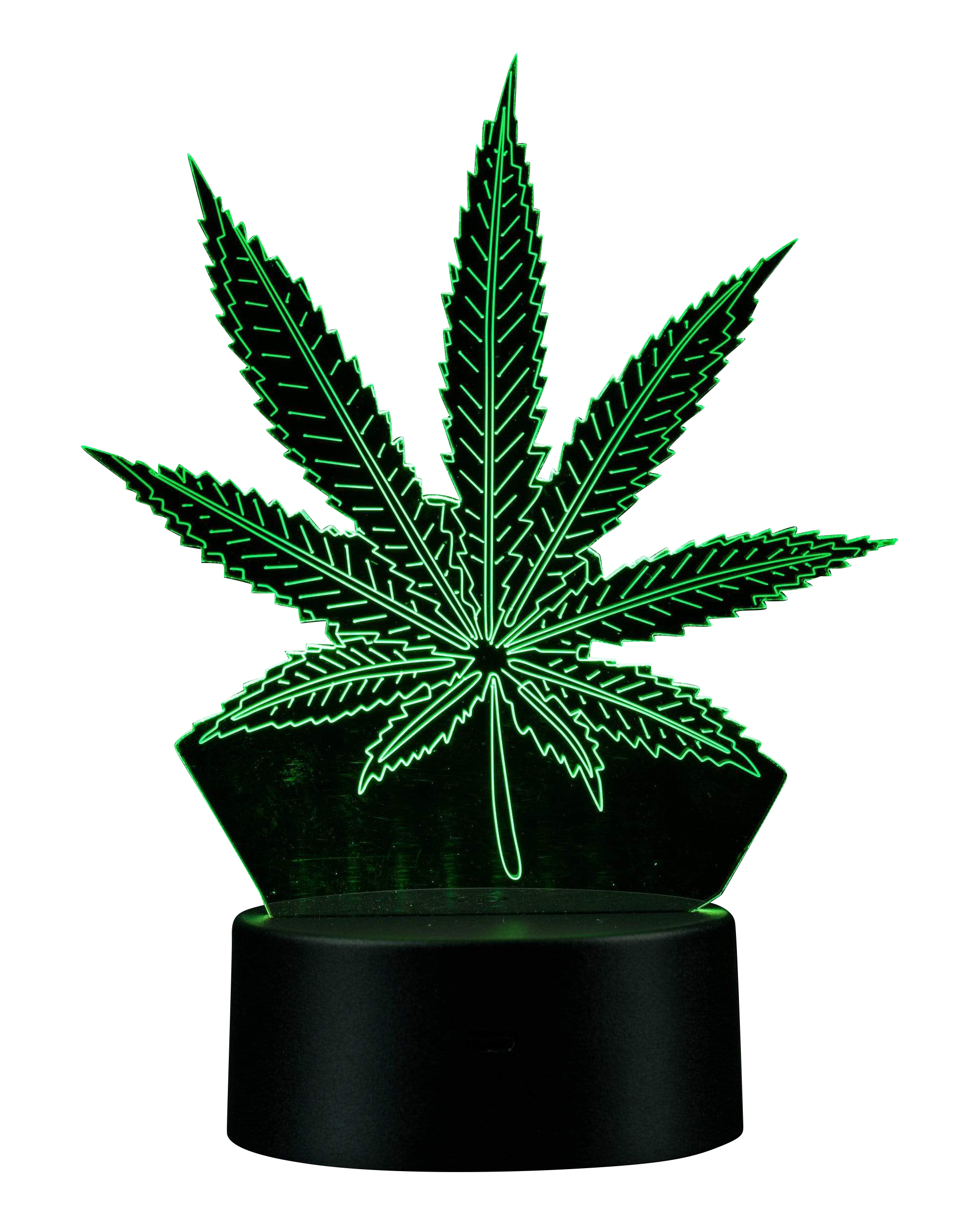 A front view of the 3D Cannabis Leaf Lamp shows a detailed, green leaf-shaped light fixture atop a black base.