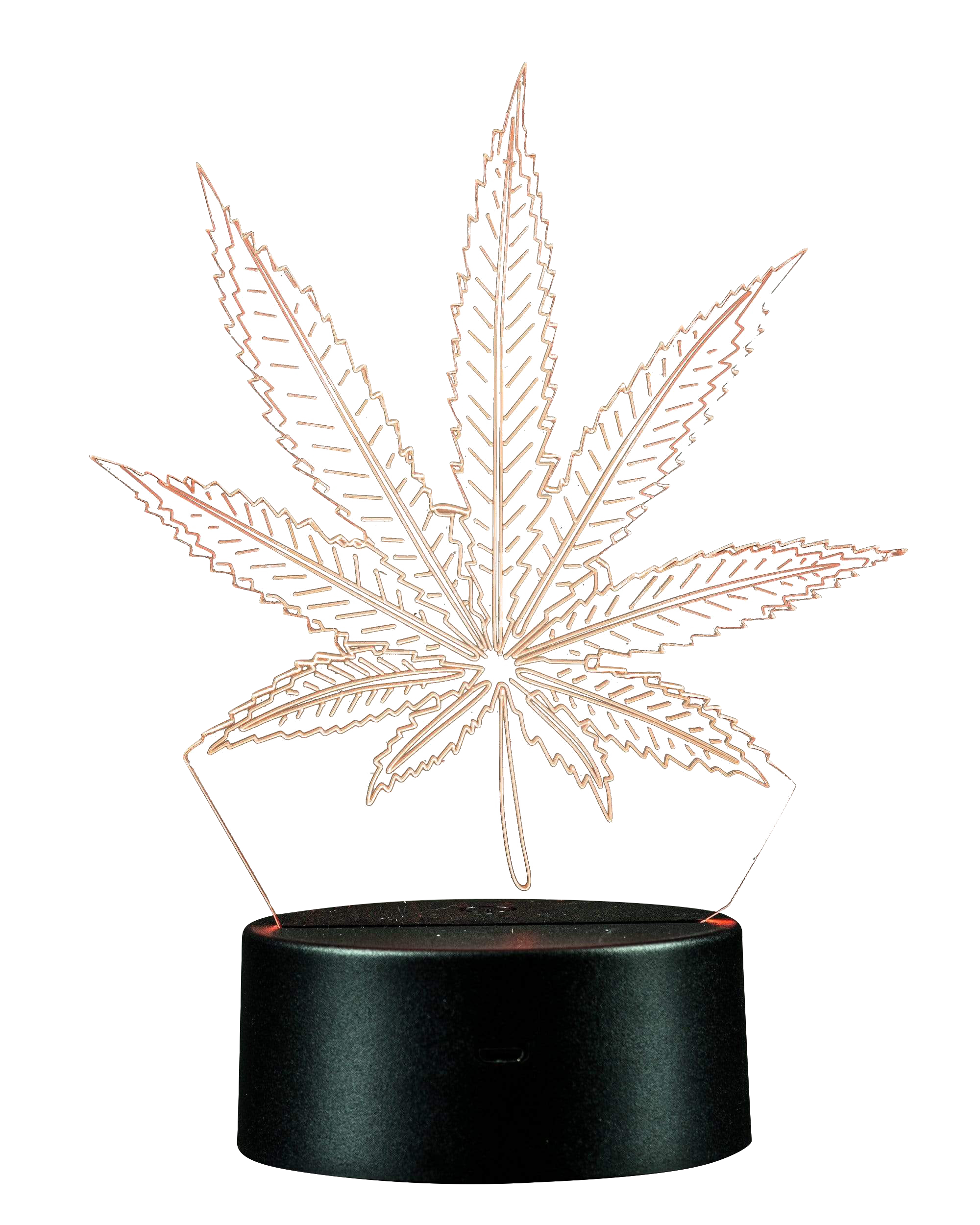 A low-angle shot of the 3D Cannabis Leaf Lamp, showing its illuminated leaf design atop a black base.